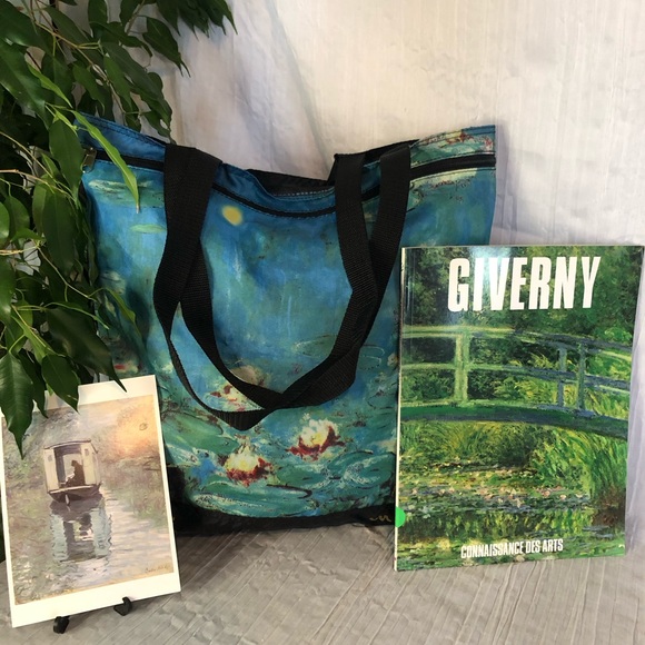 CLAUDE MONET Water Lillys painting France themed tote bag postcard & guidebook - Picture 1 of 16